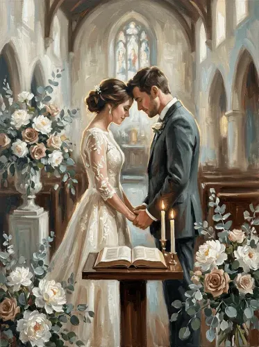 Oil Painting Wedding Vows Church Ceremony