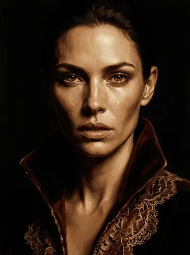 Oil Portrait Golden Embroidered Collar Woman