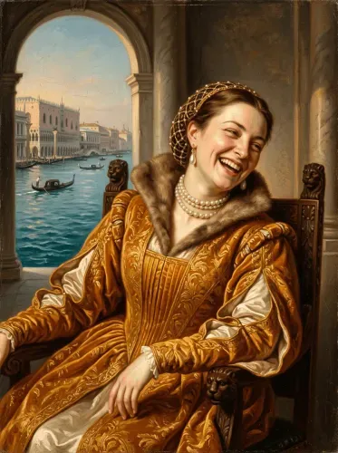 Oil Portrait Laughing Woman Golden Venetian Gown