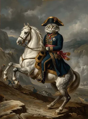 Oil Portrait Military Cat Rearing Horse