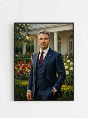 Oil Portrait Navy Suit Rose Garden Statesman framed preview