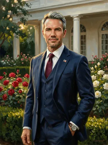 Oil Portrait Navy Suit Rose Garden Statesman