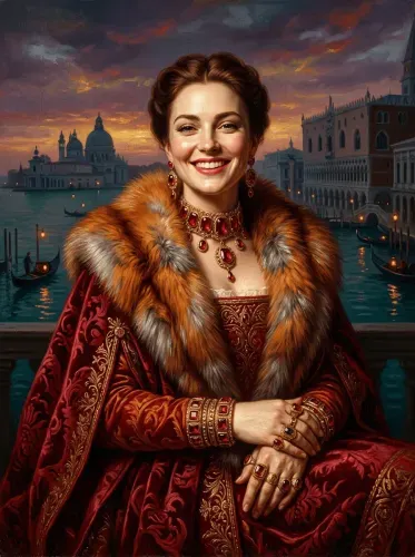 Oil Portrait Venetian Fur Collar Ruby Jewels