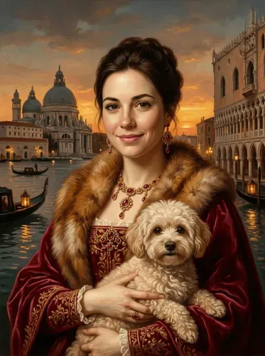 Oil Portrait Venetian Woman Fur Jewels