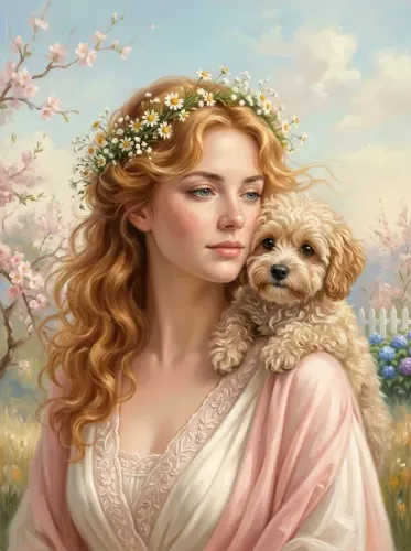 Oil Portrait Woman Daisy Crown Puppy Garden
