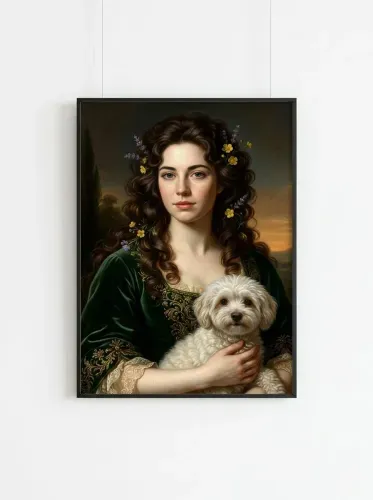 Oil Portrait Woman Floral Crown White Dog framed preview