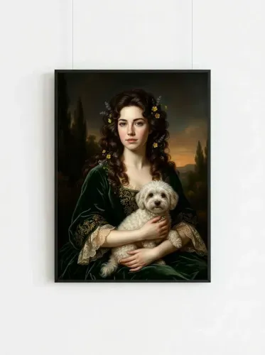 Oil Portrait Woman Floral Crown With Dog framed preview