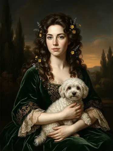 Oil Portrait Woman Floral Crown With Dog