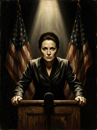 Oil Portrait Woman Podium American Flags