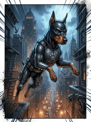 Pop Art Armored Doberman Superhero Cityscape