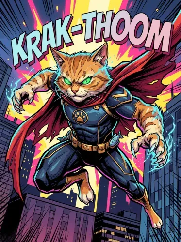 Pop Art Superhero Cat Neon Comic