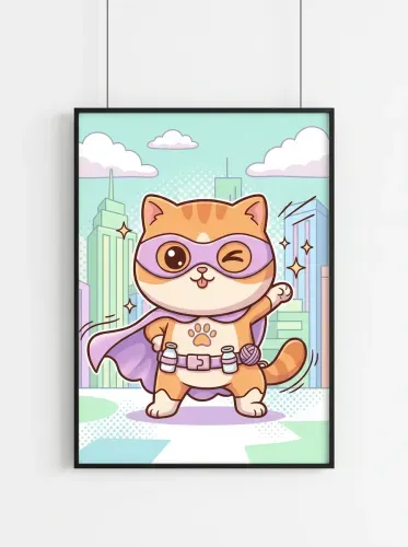 Pop Art Superhero Cat Purple Mask framed preview