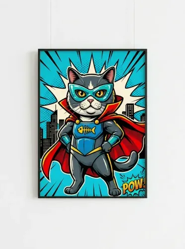 Pop Art Superhero Cat Turquoise Mask framed preview