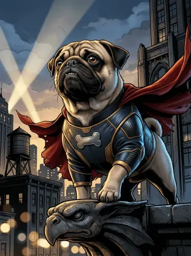 Pop Art Superhero Pug Red Cape