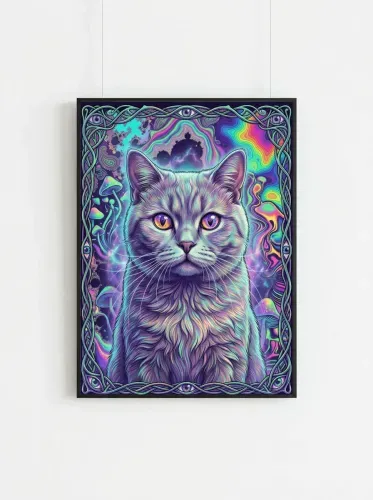 Psychedelic Neon Cat Galaxy Eyes Art framed preview