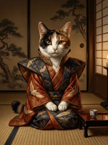 Realistic Calico Cat Japanese Robe Portrait