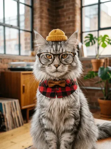 Realistic Cat Portrait Glasses Beanie