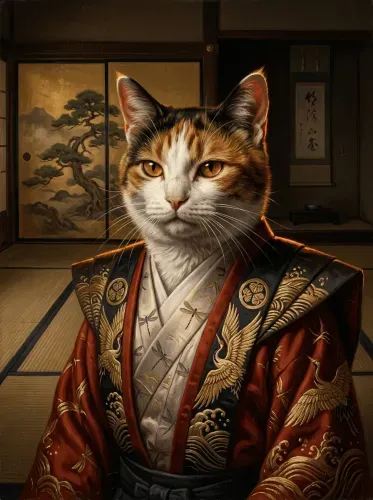 Realistic Cat Samurai Golden Embroidered Robe