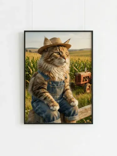 Realistic Cowboy Cat Straw Hat Portrait framed preview