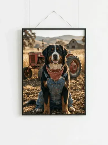 Realistic Farm Dog Denim Overalls Portrait framed preview