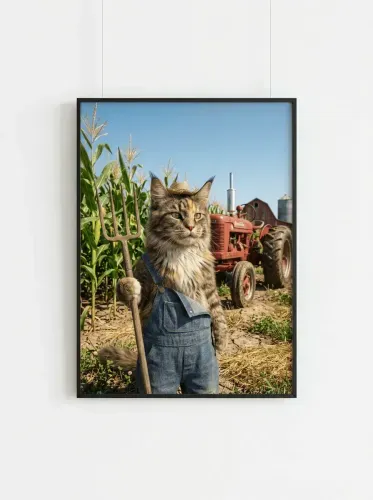 Realistic Farmer Cat Straw Hat Pitchfork Portrait framed preview