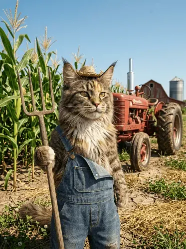 Realistic Farmer Cat Straw Hat Pitchfork Portrait