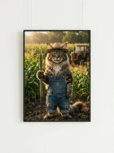 Realistic Farmer Cat Straw Hat Portrait framed preview
