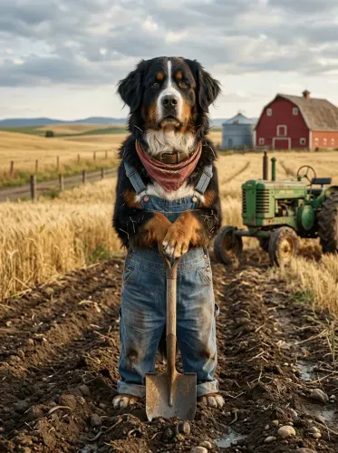 Realistic Farmhand Dog Denim Overalls Portrait