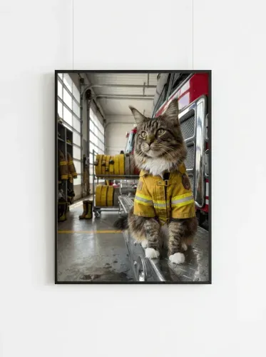 Realistic Firefighter Cat Firehouse Portrait framed preview