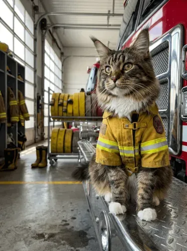 Realistic Firefighter Cat Firehouse Portrait