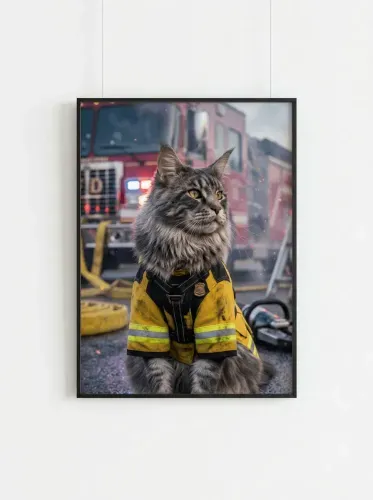 Realistic Firefighter Cat Yellow Vest Portrait framed preview
