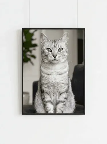 Realistic Gray Tabby Cat Emerald Eyes framed preview