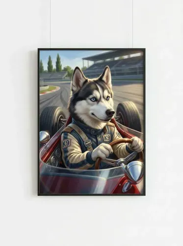 Realistic Husky Race Car Driver K9 Portrait framed preview