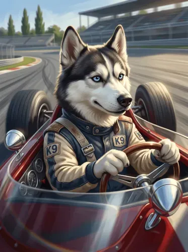 Realistic Husky Race Car Driver K9 Portrait