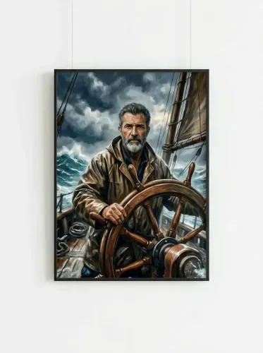 Realistic Oil Portrait Bearded Sea Captain Helm framed preview