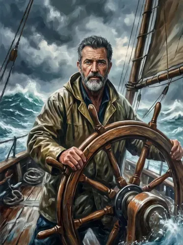 Realistic Oil Portrait Bearded Sea Captain Helm