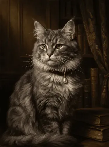 Realistic Oil Portrait Cat Pearl Collar