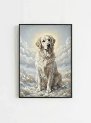 Realistic Oil Portrait Golden Retriever Clouds framed preview