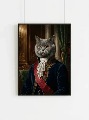 Realistic Oil Portrait Gray Cat Royal Regalia framed preview