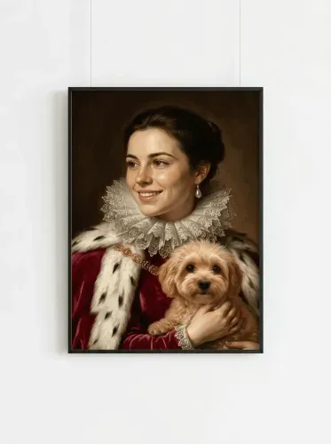 Realistic Oil Portrait Woman Fur-Trimmed Regal Gown framed preview