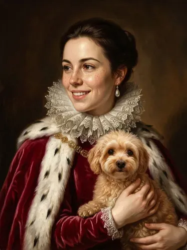 Realistic Oil Portrait Woman Fur-Trimmed Regal Gown