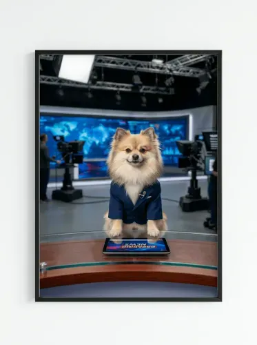 Realistic Pomeranian News Anchor Portrait framed preview