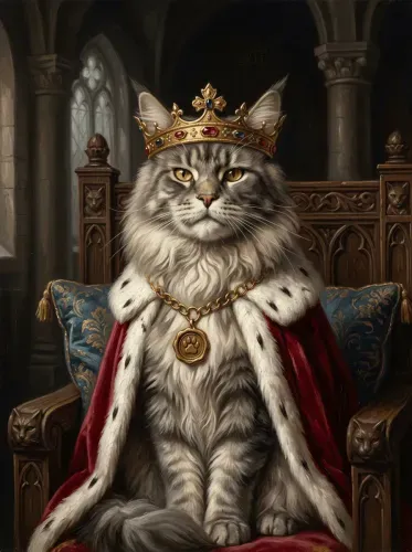 Realistic Regal Cat Crown Gold Chain Portrait