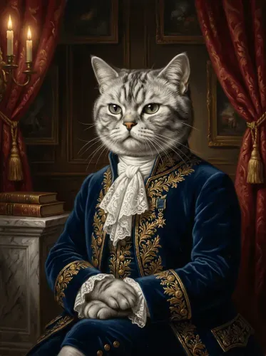 Realistic Royal Cat Portrait Blue Velvet
