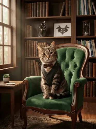 Realistic Tabby Cat Burgundy Bow Portrait