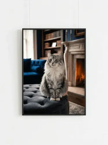 Realistic Tabby Cat Fireplace Portrait framed preview