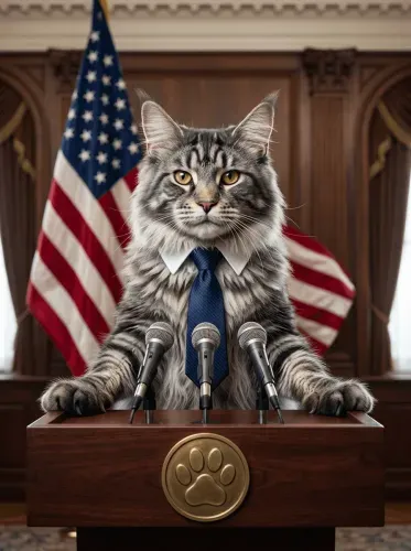 Realistic Tabby Cat Presidential Podium Portrait