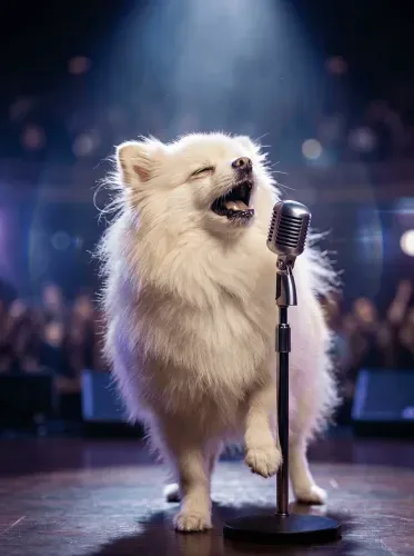 Realistic White Fluffy Dog Microphone Singer