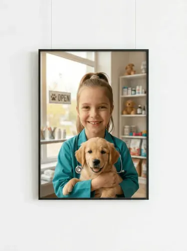 Realistic Young Veterinarian Golden Retriever Portrait framed preview