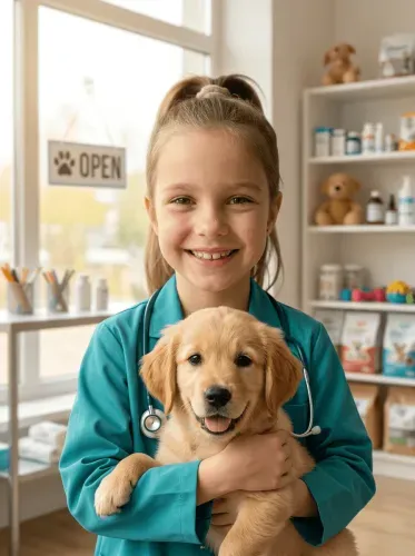 Realistic Young Veterinarian Golden Retriever Portrait